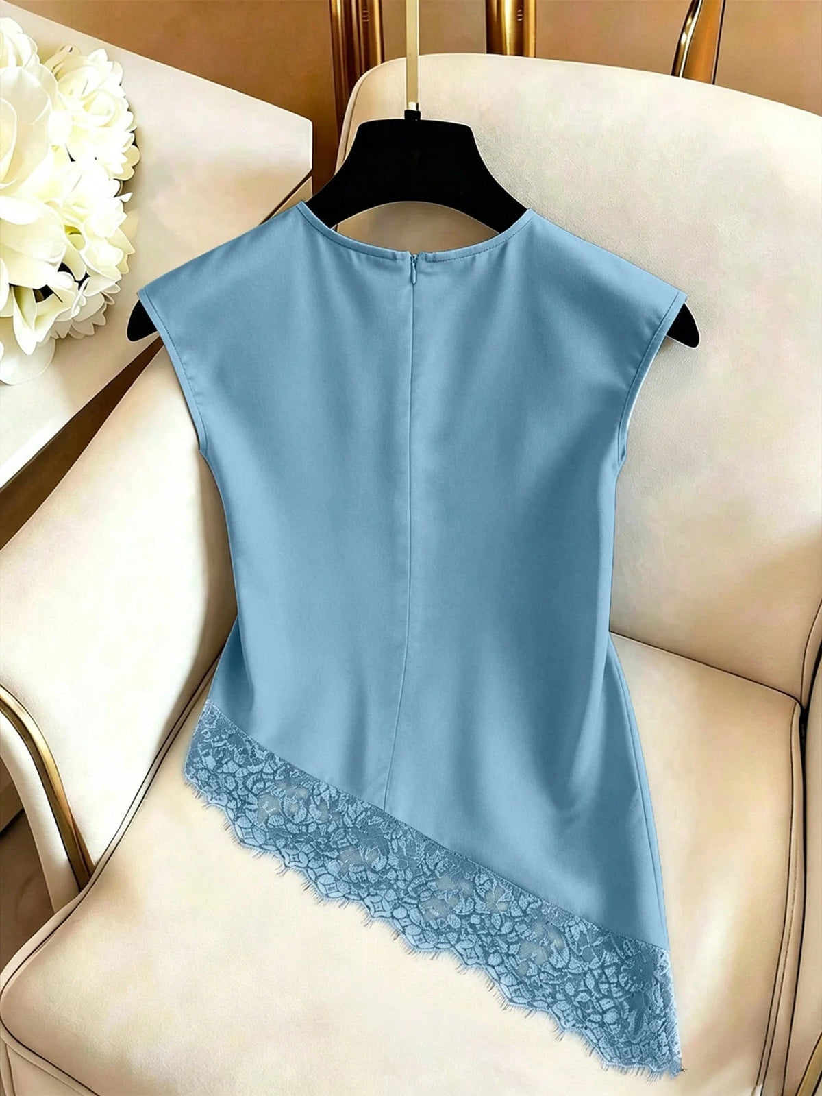 Franclia Women's Round Neck Lace Patchwork Casual Versatile Everyday Blouse