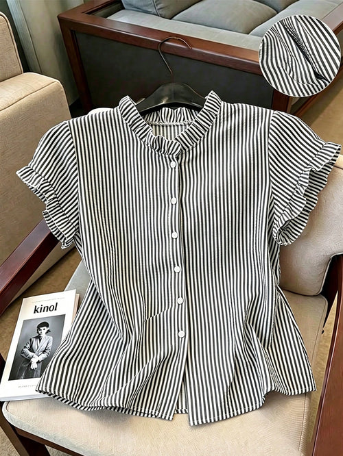 Franclia Women's Stand Collar Short Sleeve Striped Front Button Casual Summer Blouse
