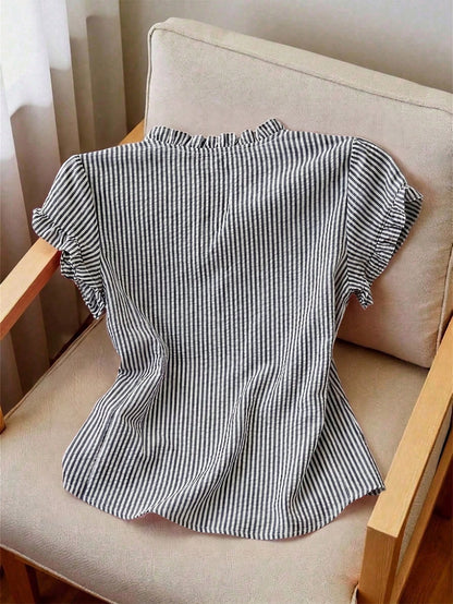 Franclia Women's Stand Collar Short Sleeve Striped Front Button Casual Summer Blouse