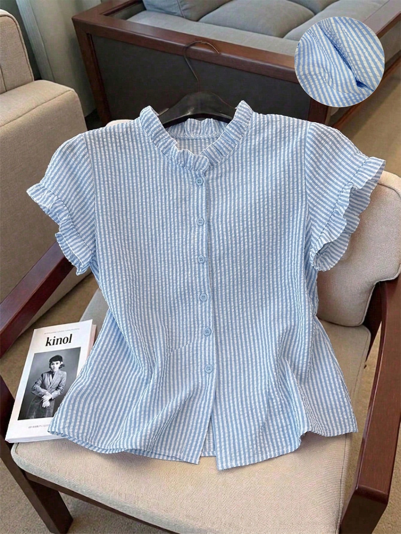 Franclia Women's Stand Collar Short Sleeve Striped Front Button Casual Summer Blouse