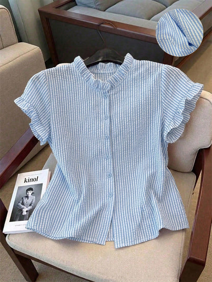 Franclia Women's Stand Collar Short Sleeve Striped Front Button Casual Summer Blouse