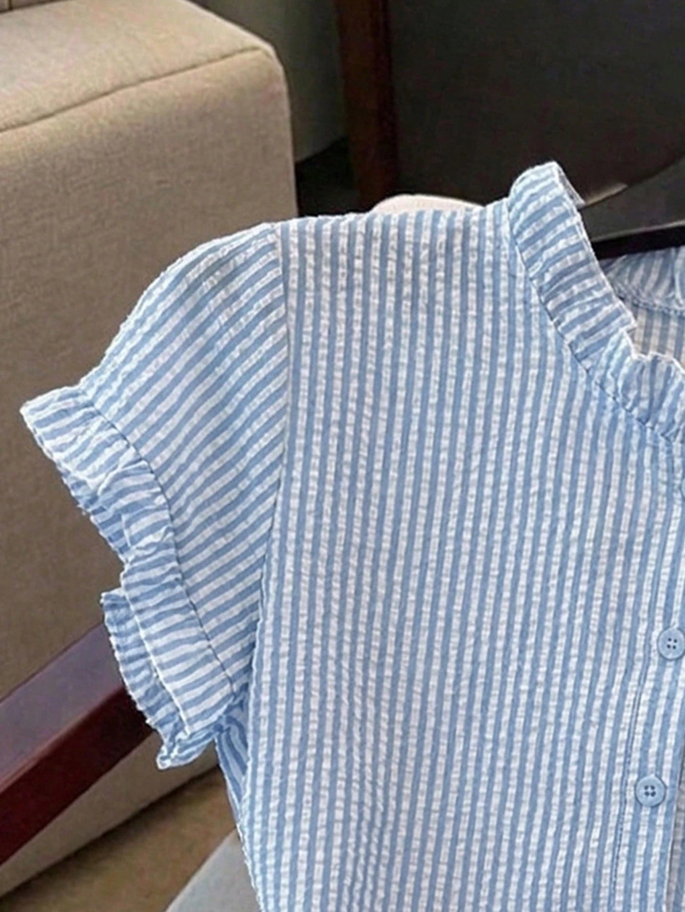 Franclia Women's Stand Collar Short Sleeve Striped Front Button Casual Summer Blouse