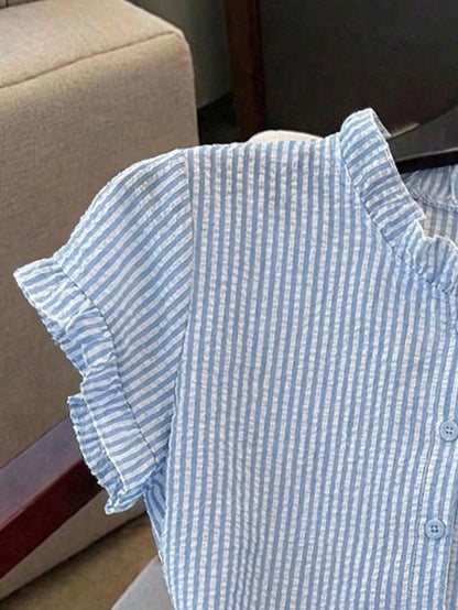 Franclia Women's Stand Collar Short Sleeve Striped Front Button Casual Summer Blouse