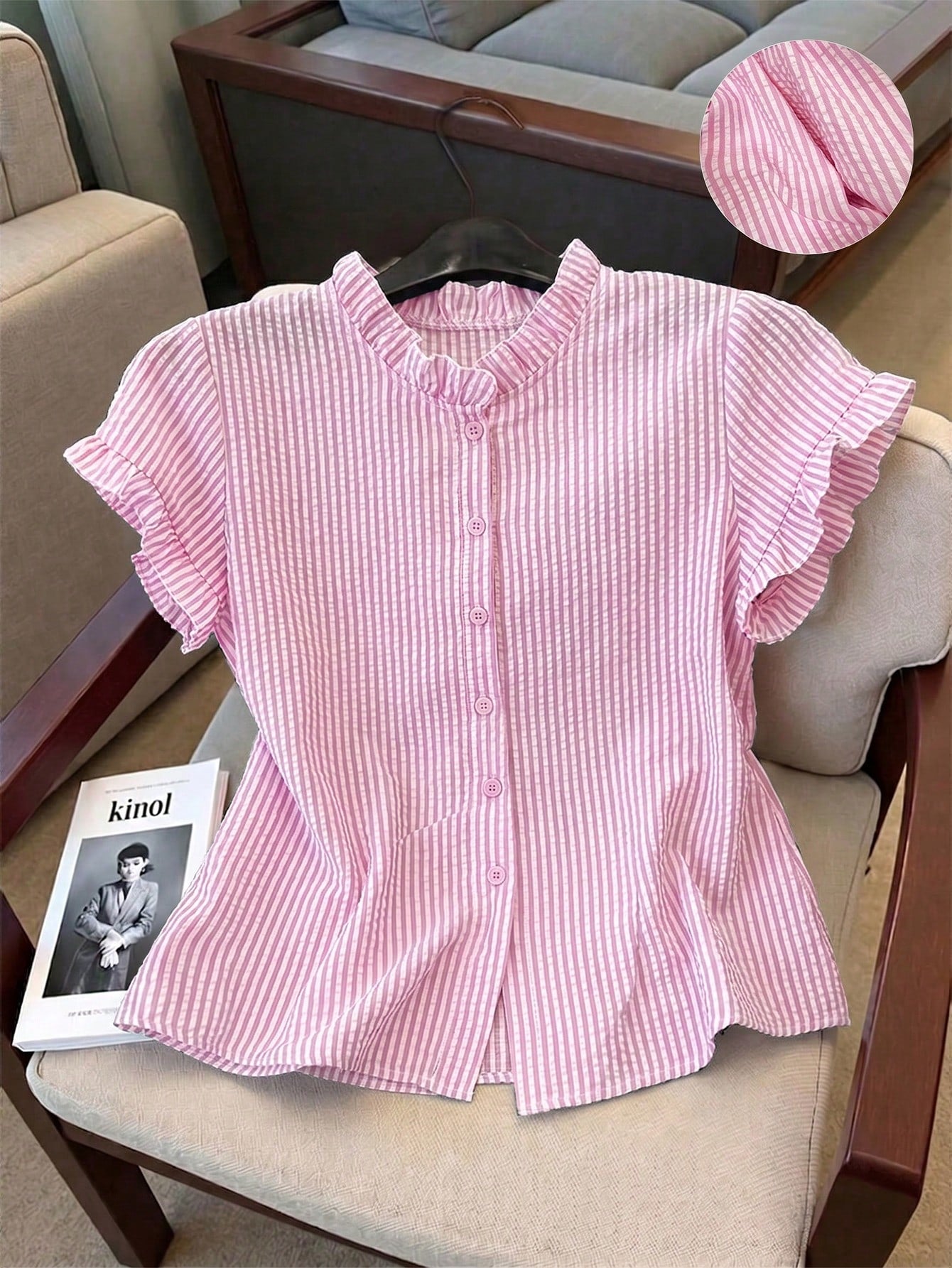 Franclia Women's Stand Collar Short Sleeve Striped Front Button Casual Summer Blouse