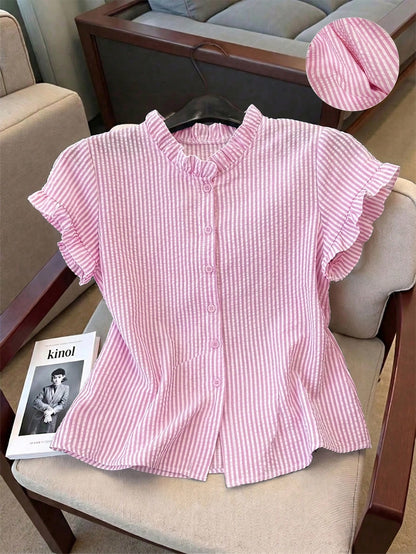 Franclia Women's Stand Collar Short Sleeve Striped Front Button Casual Summer Blouse