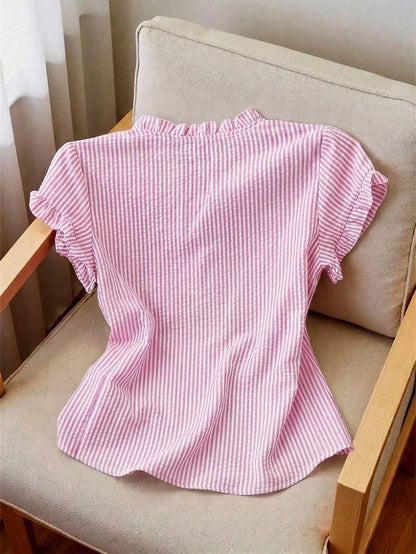 Franclia Women's Stand Collar Short Sleeve Striped Front Button Casual Summer Blouse