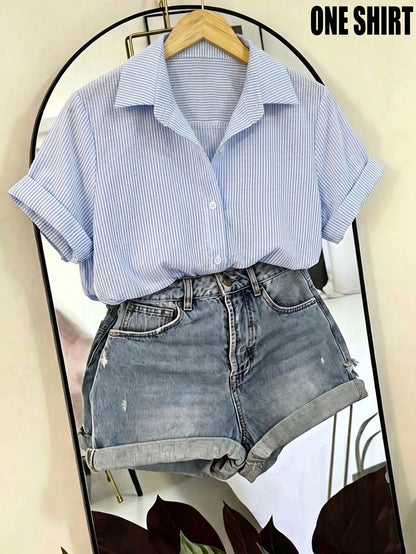 Franclia Women's Striped Puff Sleeve Wrinkled Fabric Short Sleeve Blouse, Suitable For Spring/Summer Outings And Dating Occasions