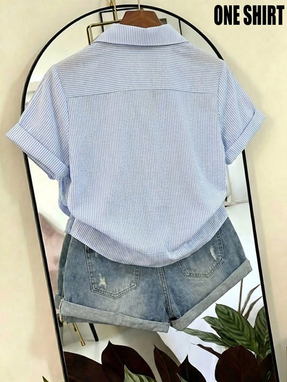 Franclia Women's Striped Puff Sleeve Wrinkled Fabric Short Sleeve Blouse, Suitable For Spring/Summer Outings And Dating Occasions