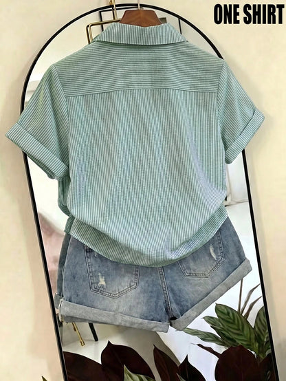 Franclia Women's Striped Puff Sleeve Wrinkled Fabric Short Sleeve Blouse, Suitable For Spring/Summer Outings And Dating Occasions