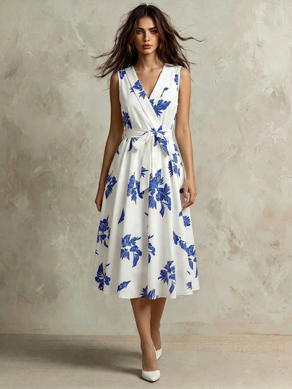 Franclia Women's Summer French Style Casual Minimalist V-Neck Sleeveless Cinched Waist Waist Slimming Long Blue Floral Print Maxi Dress