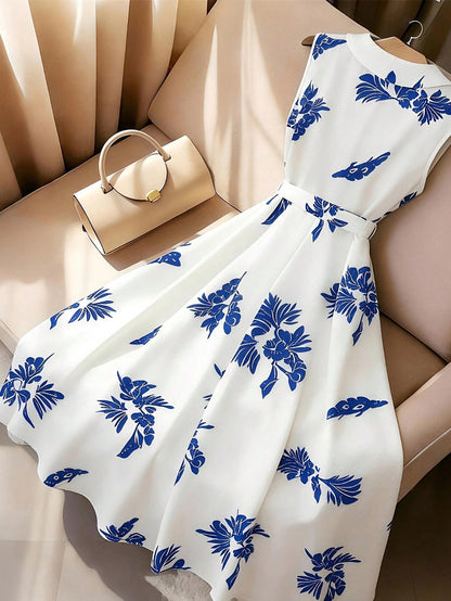 Franclia Women's Summer French Style Casual Minimalist V-Neck Sleeveless Cinched Waist Waist Slimming Long Blue Floral Print Maxi Dress