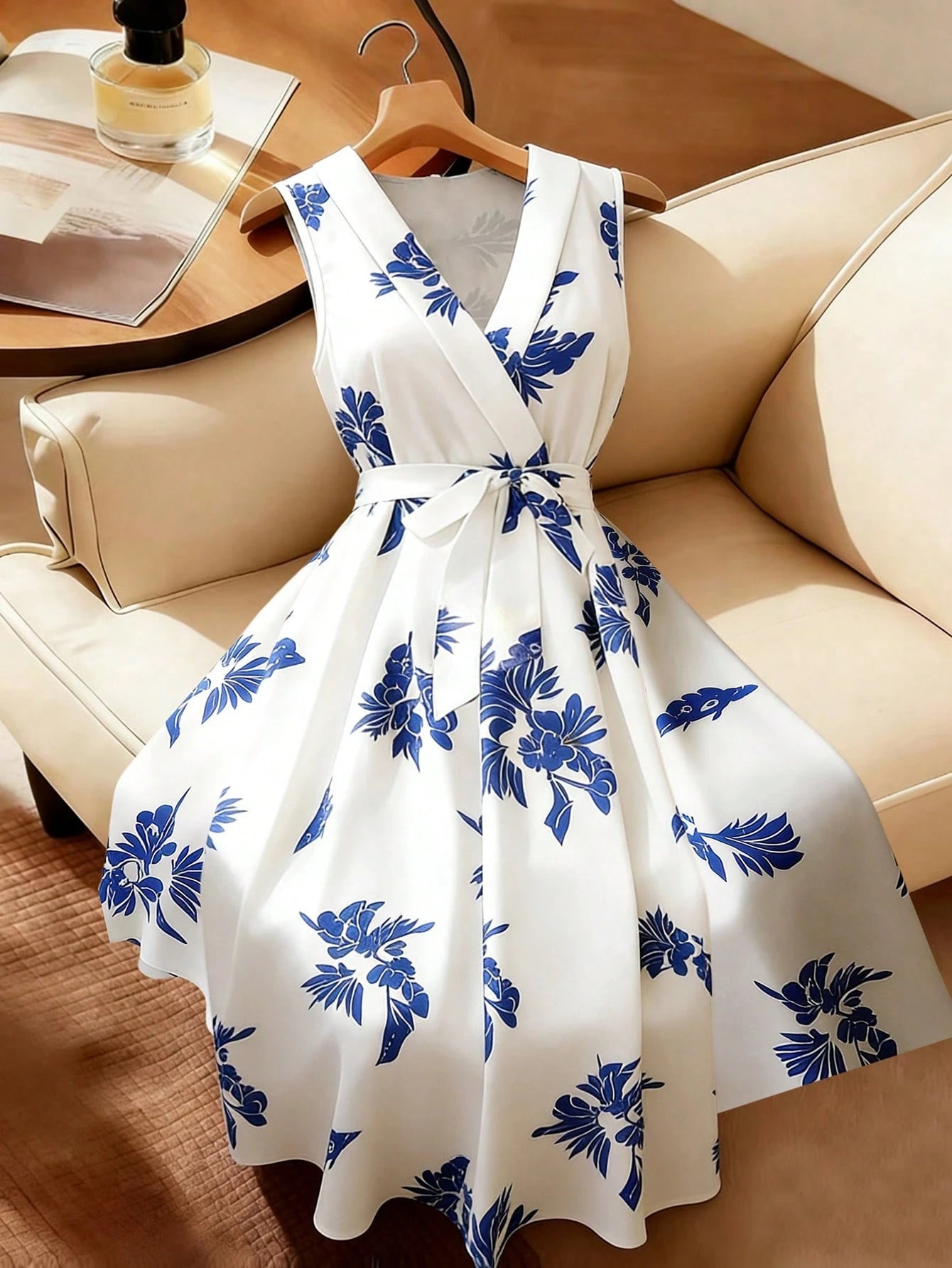 Franclia Women's Summer French Style Casual Minimalist V-Neck Sleeveless Cinched Waist Waist Slimming Long Blue Floral Print Maxi Dress