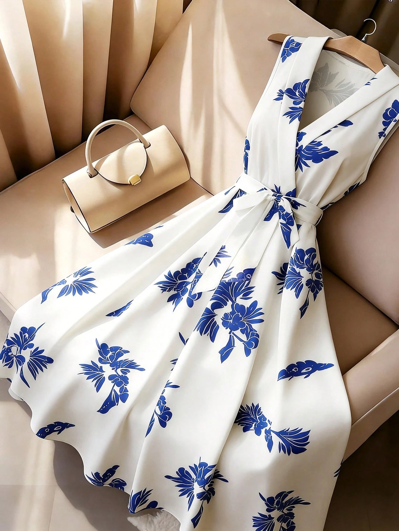 Franclia Women's Summer French Style Casual Minimalist V-Neck Sleeveless Cinched Waist Waist Slimming Long Blue Floral Print Maxi Dress