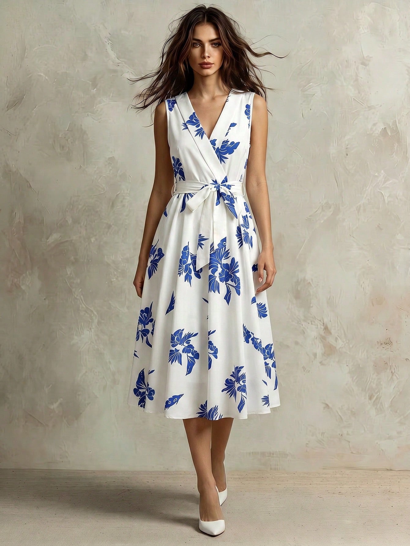 Franclia Women's Summer French Style Casual Minimalist V-Neck Sleeveless Cinched Waist Waist Slimming Long Blue Floral Print Maxi Dress