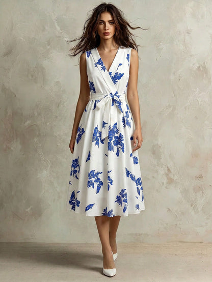Franclia Women's Summer French Style Casual Minimalist V-Neck Sleeveless Cinched Waist Waist Slimming Long Blue Floral Print Maxi Dress