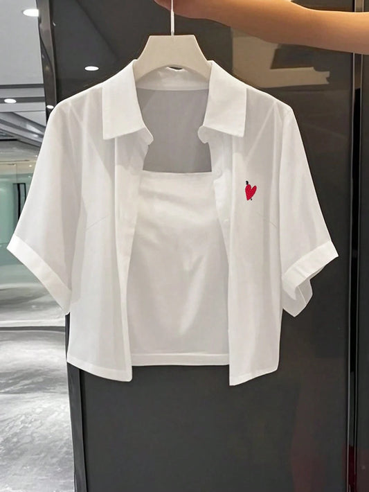 Franclia Women's White Casual Loose Fit Heart Embroidered Short Sleeve Shirt White Shirt Shirt And Tank Top