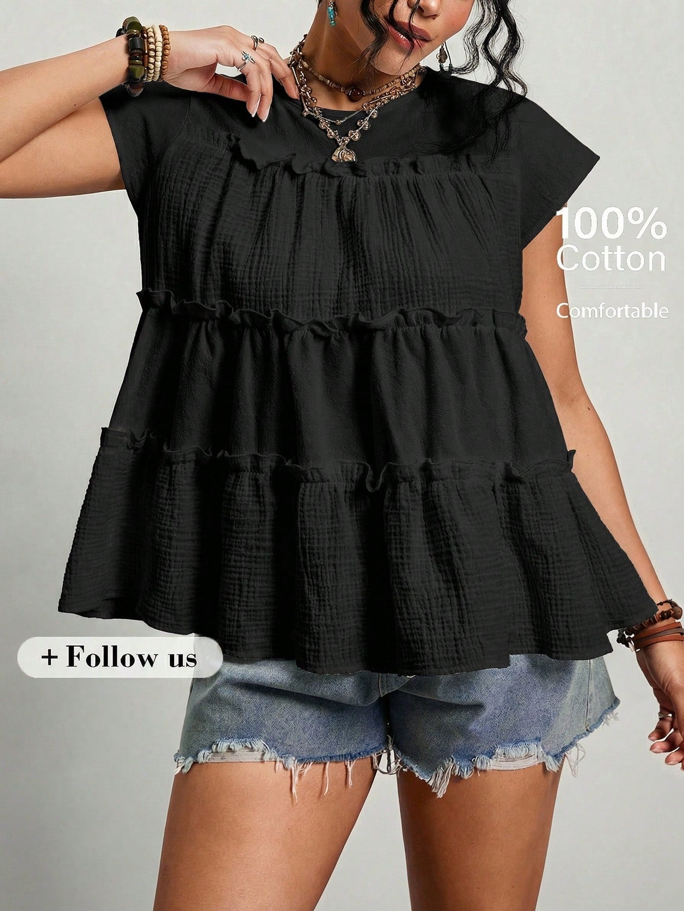 Freevana Plus Size Cotton Blouses Women Solid Color Frill Trim Loose Blouse Festival Outfits For Women Festival Tops Beach Tops Vacation Outfits Women Vacation Tops Summer Tops For Women Mother's Day