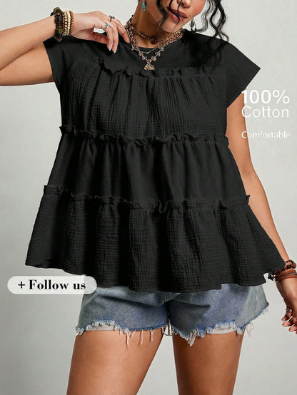 Freevana Plus Size Cotton Blouses Women Solid Color Frill Trim Loose Blouse Festival Outfits For Women Festival Tops Beach Tops Vacation Outfits Women Vacation Tops Summer Tops For Women Mother's Day