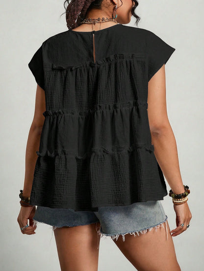 Freevana Plus Size Cotton Blouses Women Solid Color Frill Trim Loose Blouse Festival Outfits For Women Festival Tops Beach Tops Vacation Outfits Women Vacation Tops Summer Tops For Women Mother's Day