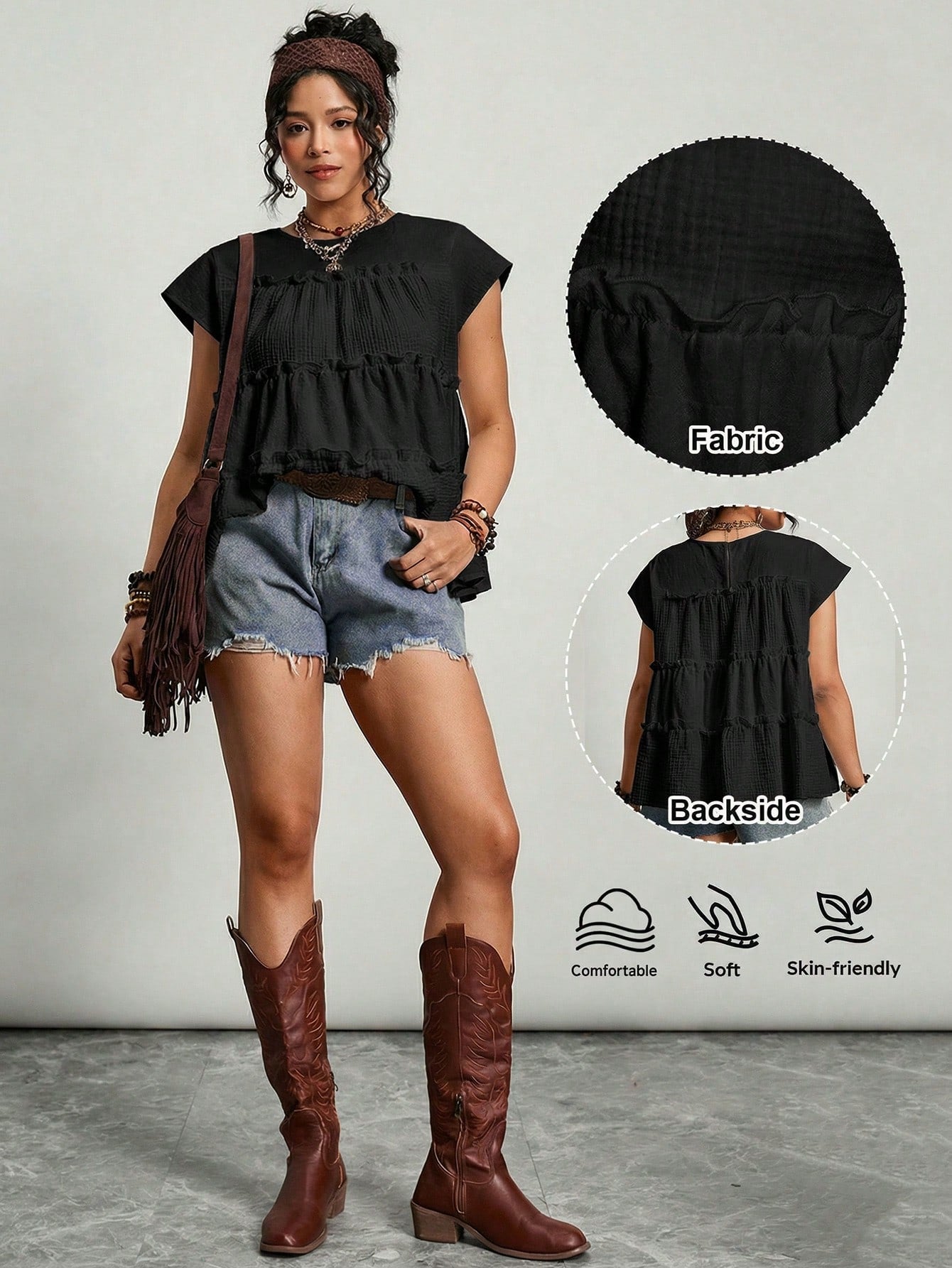 Freevana Plus Size Cotton Blouses Women Solid Color Frill Trim Loose Blouse Festival Outfits For Women Festival Tops Beach Tops Vacation Outfits Women Vacation Tops Summer Tops For Women Mother's Day