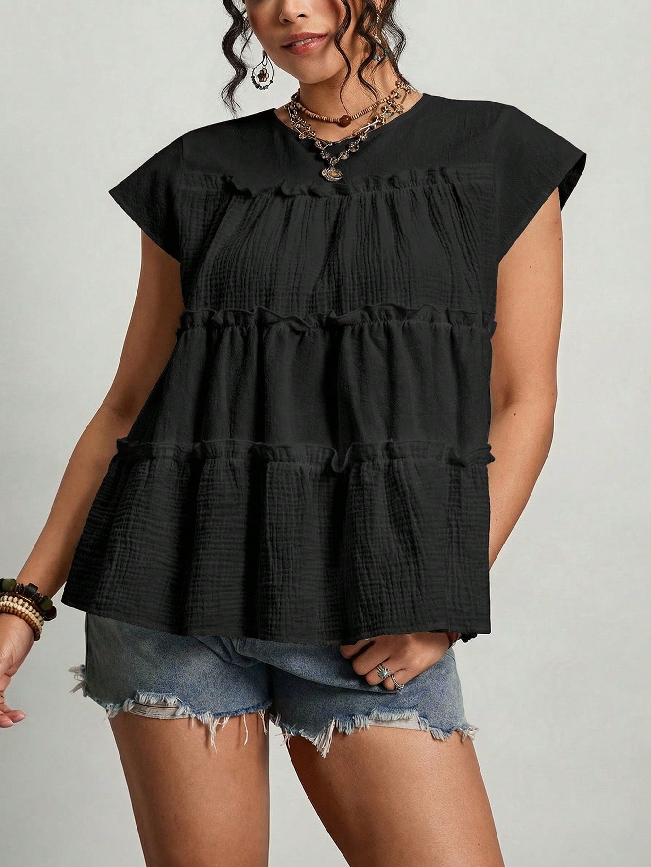 Freevana Plus Size Cotton Blouses Women Solid Color Frill Trim Loose Blouse Festival Outfits For Women Festival Tops Beach Tops Vacation Outfits Women Vacation Tops Summer Tops For Women Mother's Day