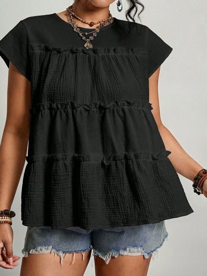 Freevana Plus Size Cotton Blouses Women Solid Color Frill Trim Loose Blouse Festival Outfits For Women Festival Tops Beach Tops Vacation Outfits Women Vacation Tops Summer Tops For Women Mother's Day