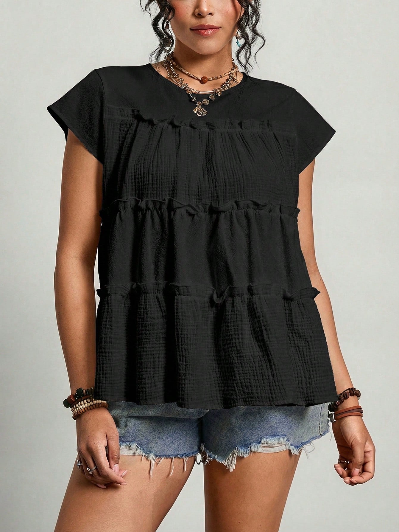 Freevana Plus Size Cotton Blouses Women Solid Color Frill Trim Loose Blouse Festival Outfits For Women Festival Tops Beach Tops Vacation Outfits Women Vacation Tops Summer Tops For Women Mother's Day
