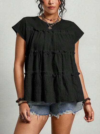 Freevana Plus Size Cotton Blouses Women Solid Color Frill Trim Loose Blouse Festival Outfits For Women Festival Tops Beach Tops Vacation Outfits Women Vacation Tops Summer Tops For Women Mother's Day