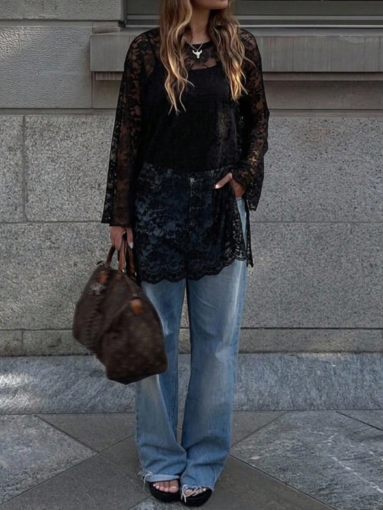 Freevana Women's Bohemian Style Black Sheer Floral Lace Long Sleeve Loose Waist Blouse, Casual Vintage Top Fall