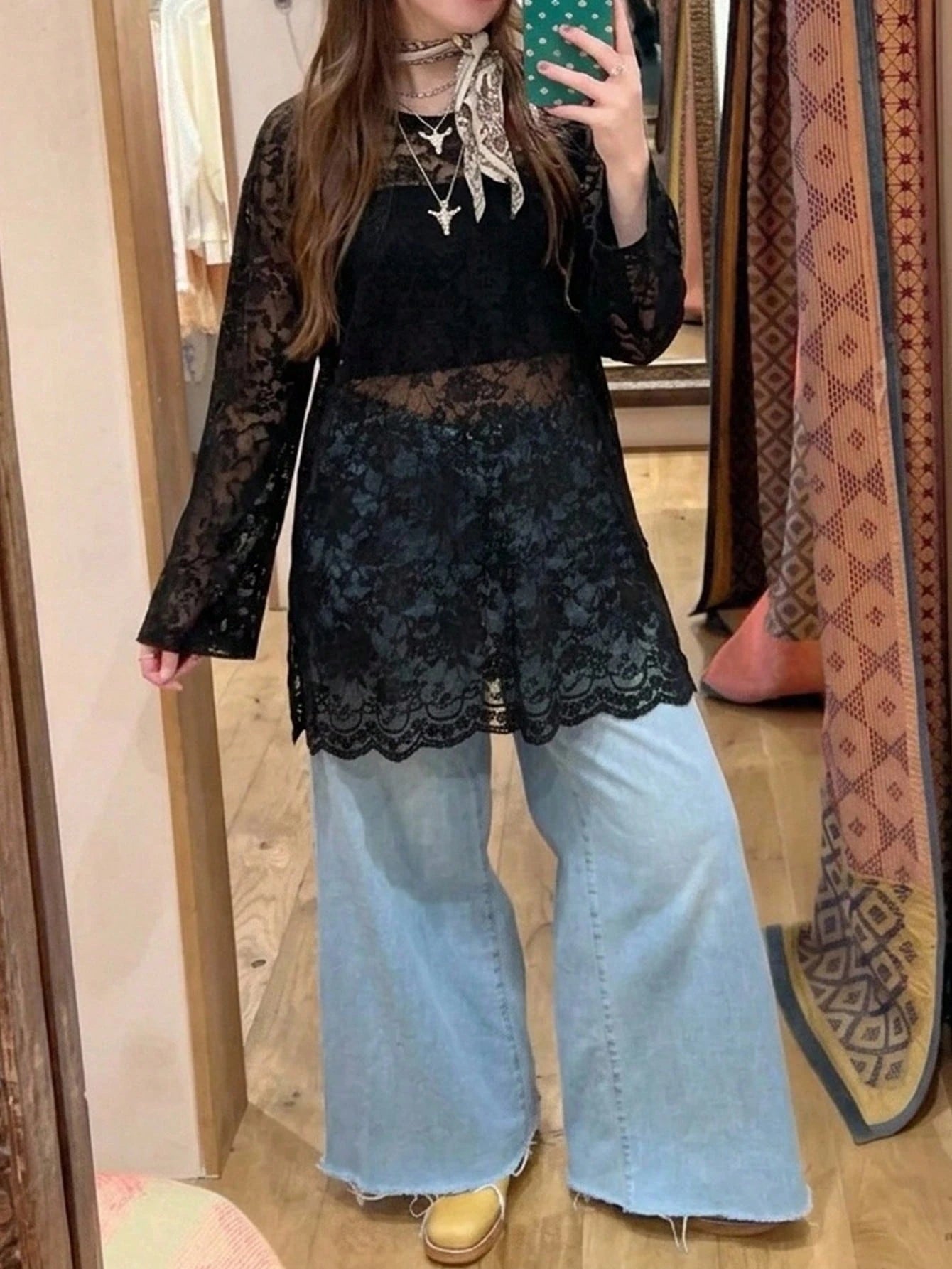 Freevana Women's Bohemian Style Black Sheer Floral Lace Long Sleeve Loose Waist Blouse, Casual Vintage Top Fall