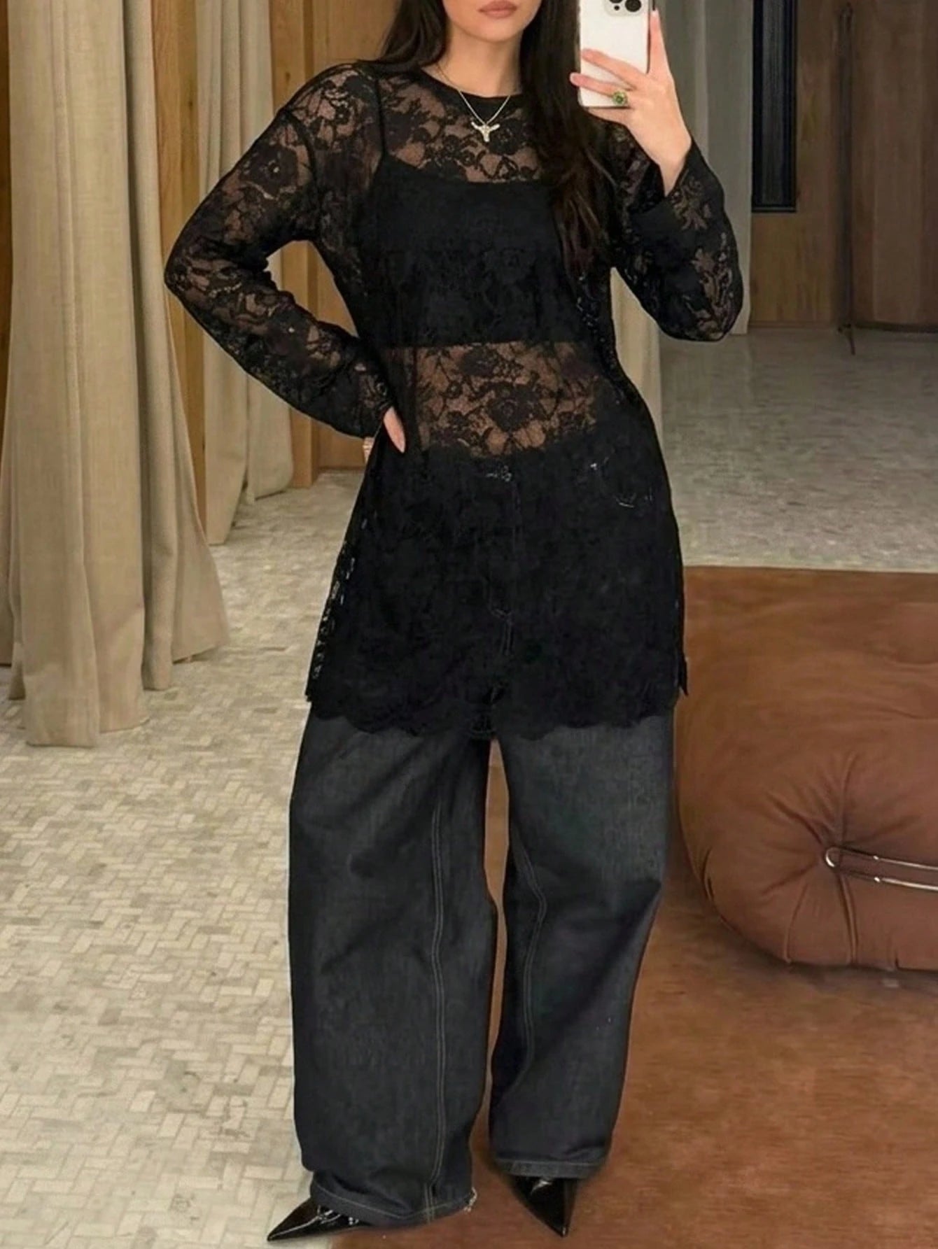 Freevana Women's Bohemian Style Black Sheer Floral Lace Long Sleeve Loose Waist Blouse, Casual Vintage Top Fall