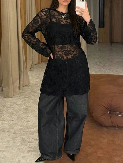 Freevana Women's Bohemian Style Black Sheer Floral Lace Long Sleeve Loose Waist Blouse, Casual Vintage Top Fall