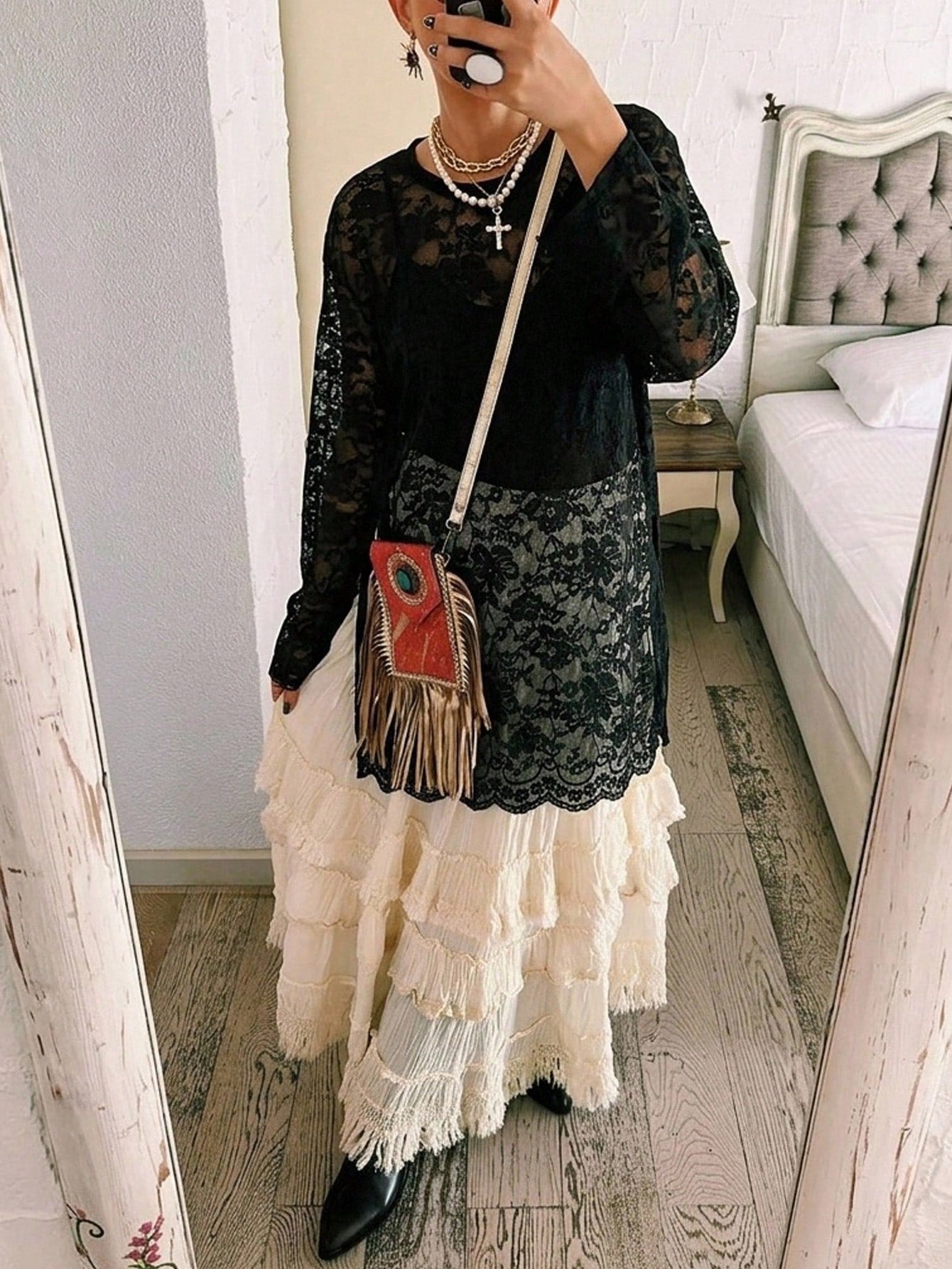Freevana Women's Bohemian Style Black Sheer Floral Lace Long Sleeve Loose Waist Blouse, Casual Vintage Top Fall