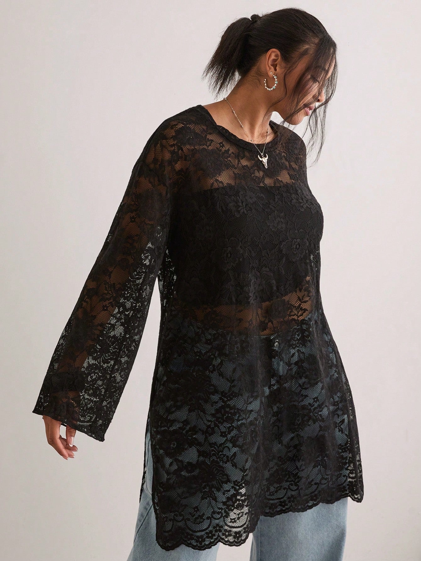 Freevana Women's Bohemian Style Black Sheer Floral Lace Long Sleeve Loose Waist Blouse, Casual Vintage Top Fall