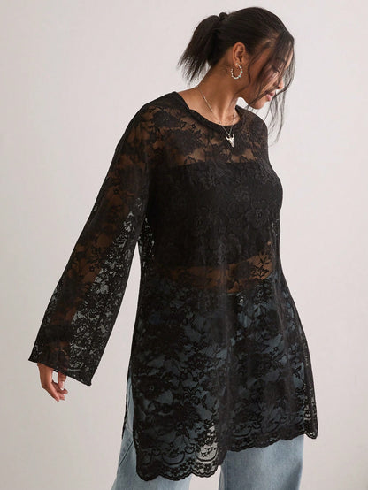Freevana Women's Bohemian Style Black Sheer Floral Lace Long Sleeve Loose Waist Blouse, Casual Vintage Top Fall