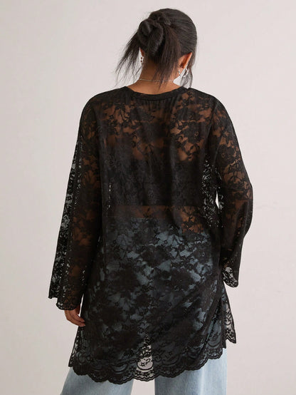 Freevana Women's Bohemian Style Black Sheer Floral Lace Long Sleeve Loose Waist Blouse, Casual Vintage Top Fall