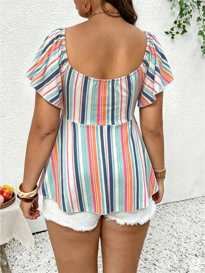 Frenchy Plus Size Vacation Ruched Tie-Front Light Blue T-Shirt Beach Vacation Summer