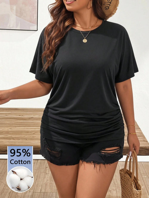 Frenchy Plus Size Women's Casual Round Neck Black T-Shirt, Black Top, Summer T-Shirt, Summer Formal