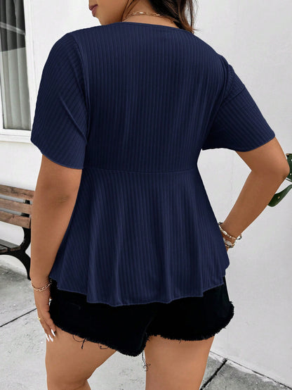 Frenchy Plus Size Women Solid Color Ruched Short Sleeve Ruffle Hem Boho/Bohemian Short Sleeve Top T-Shirt,Teacher For Women,Going Out Tops