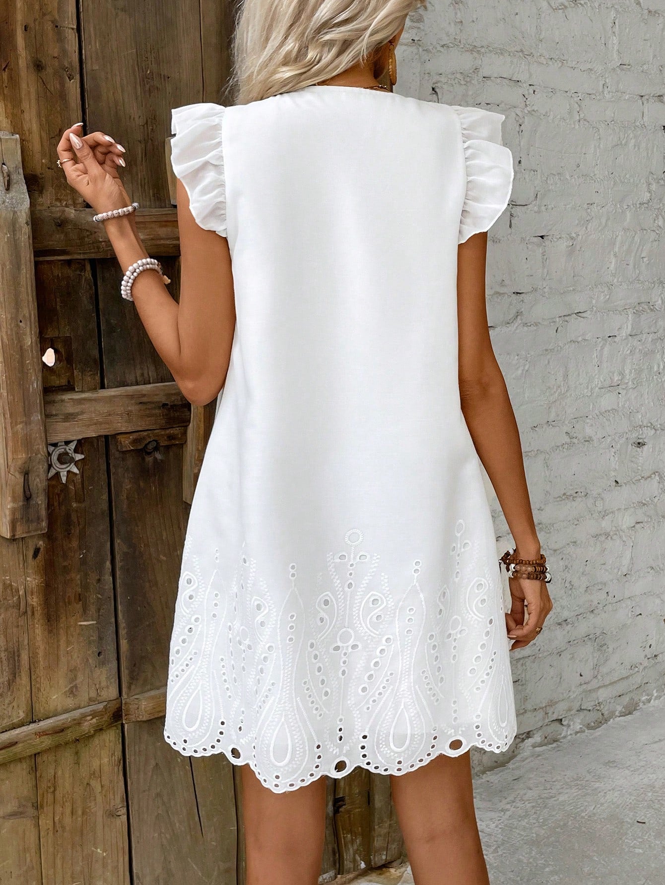 Frenchy Women's Elegant White Summer Holiday Dress,Textured Embroidery A-Line Tea Party Wedding Guest Dresses With Lace&Ruffle Hem,Business Casual Vacation