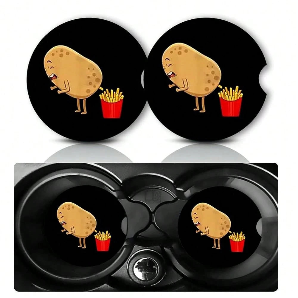 Fries Potato Car Cup Holder Coasters Universal Anti-Slip Rubber Mat| Funny Car Auto Accessories Interior Decor, 2.75\ Car Coasters For