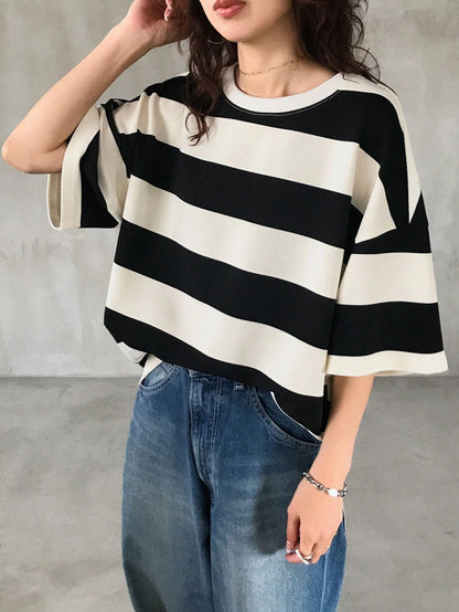 FRIFUL Women's Black & White Striped Loose Polo Neck Short Sleeve T-Shirt, Casual Summer Wear