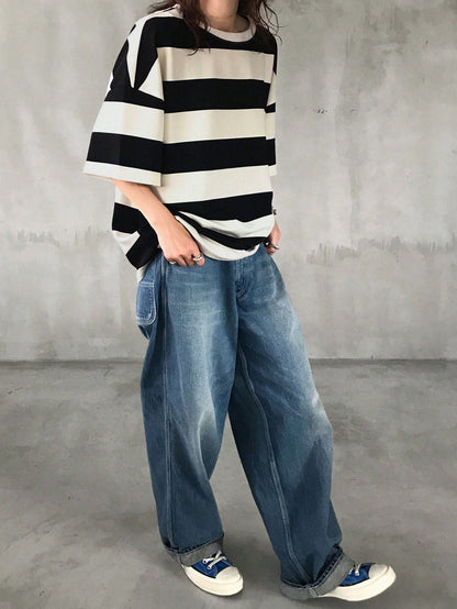 FRIFUL Women's Black & White Striped Loose Polo Neck Short Sleeve T-Shirt, Casual Summer Wear