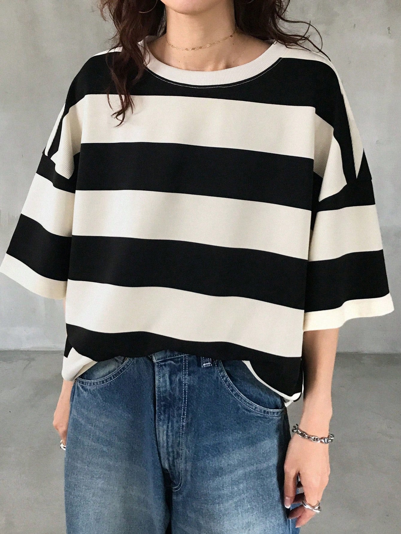 FRIFUL Women's Black & White Striped Loose Polo Neck Short Sleeve T-Shirt, Casual Summer Wear