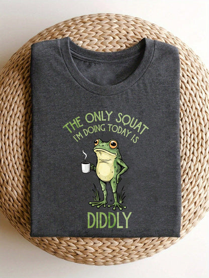 Frog Holding Coffee Mug Women's Plus Size Summer New Fashion Graphic Print T-Shirt, Soft Breathable Cotton Blend Casual Tee, Versatile Top For Daily Sports Party Holiday, Perfect Gift Choice T Shirt M