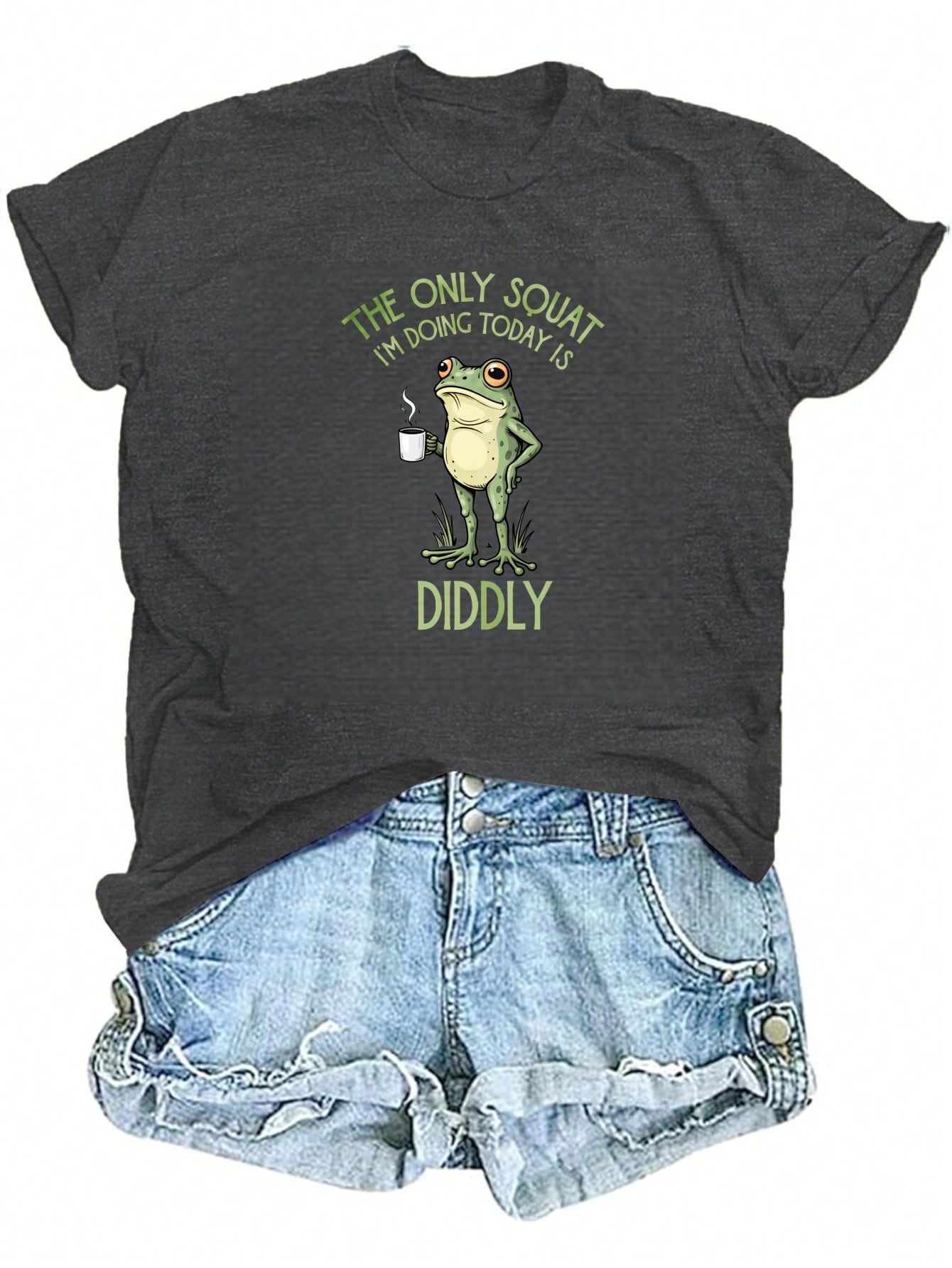 Frog Holding Coffee Mug Women's Plus Size Summer New Fashion Graphic Print T-Shirt, Soft Breathable Cotton Blend Casual Tee, Versatile Top For Daily Sports Party Holiday, Perfect Gift Choice T Shirt M