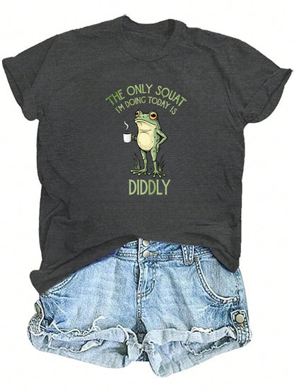 Frog Holding Coffee Mug Women's Plus Size Summer New Fashion Graphic Print T-Shirt, Soft Breathable Cotton Blend Casual Tee, Versatile Top For Daily Sports Party Holiday, Perfect Gift Choice T Shirt M