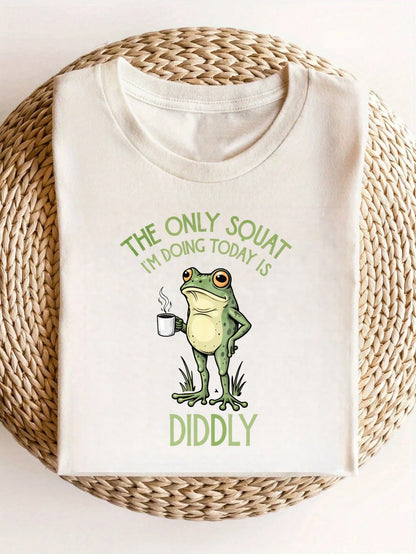 Frog Holding Coffee Mug Women's Plus Size Summer New Fashion Graphic Print T-Shirt, Soft Breathable Cotton Blend Casual Tee, Versatile Top For Daily Sports Party Holiday, Perfect Gift Choice T Shirt M