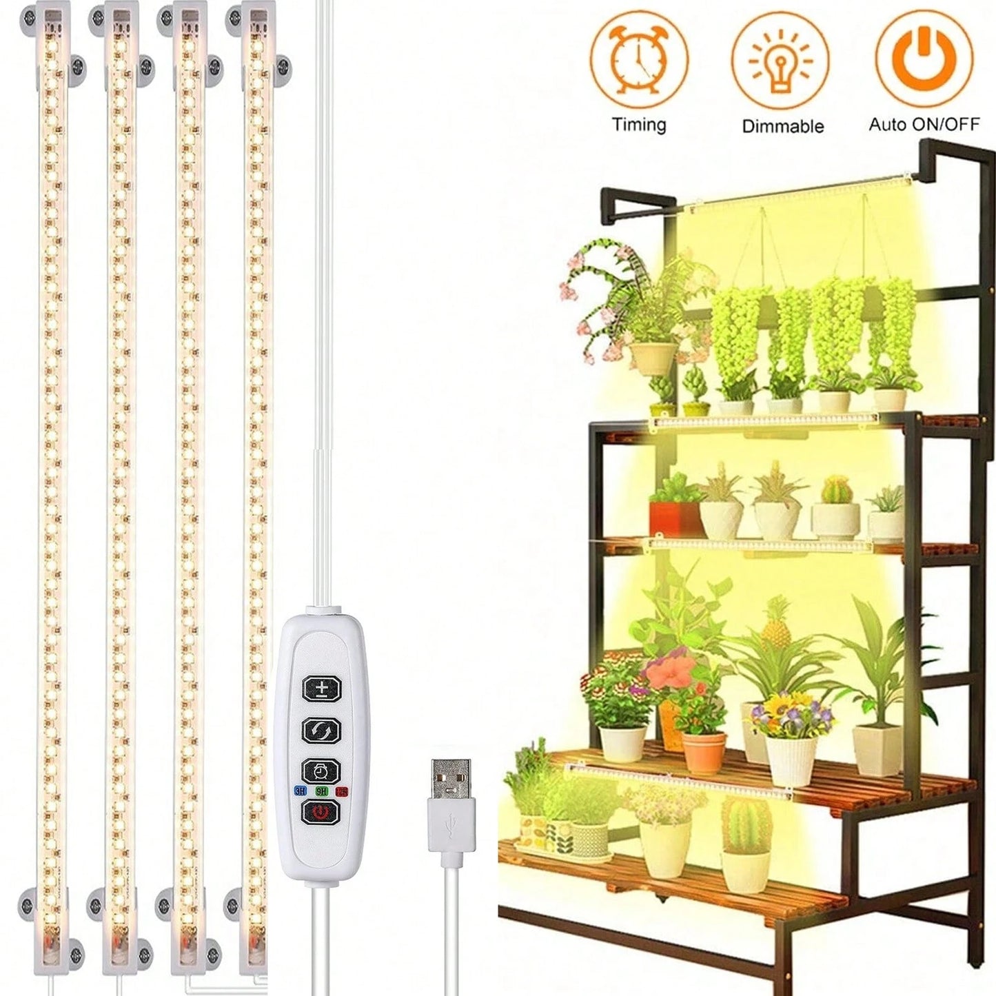 Full Spectrum LED Plant Grow Light Bar, Dimmable 3 Modes With Auto On/Off Timer 3/9/12H, Height Adjustable 7-25.5 Inch USB Grow Lamp For Indoor Plants Succulents Seed Germination Greenhouse Hydroponic