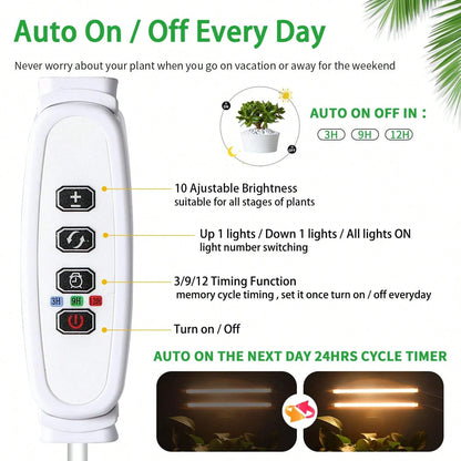 Full Spectrum LED Plant Grow Light Bar, Dimmable 3 Modes With Auto On/Off Timer 3/9/12H, Height Adjustable 7-25.5 Inch USB Grow Lamp For Indoor Plants Succulents Seed Germination Greenhouse Hydroponic